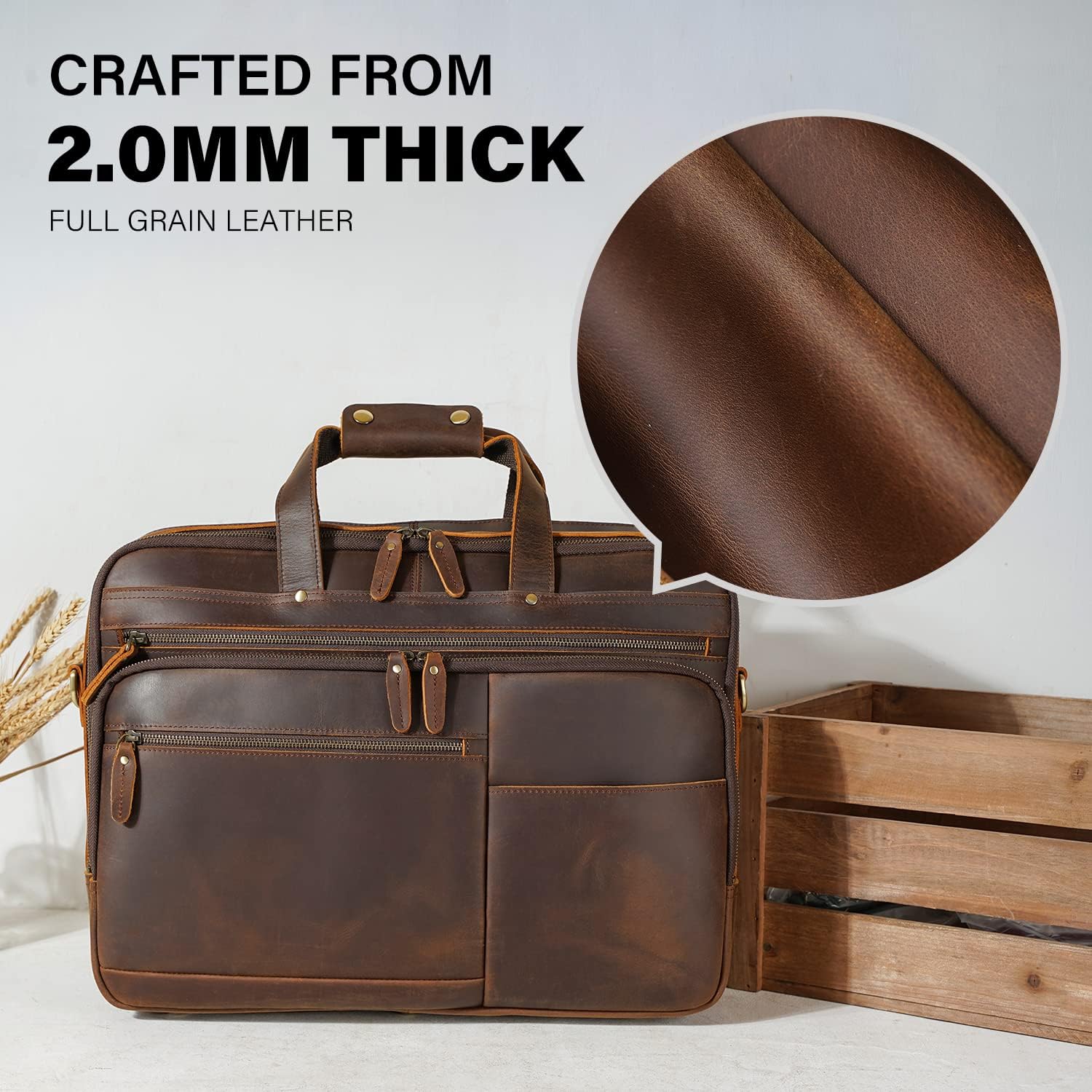 Large Leather Business Briefcase for Men 18" Napa Leather Laptop Case Messenger Bag Fits 17.3" Laptop (Black) - Image 2